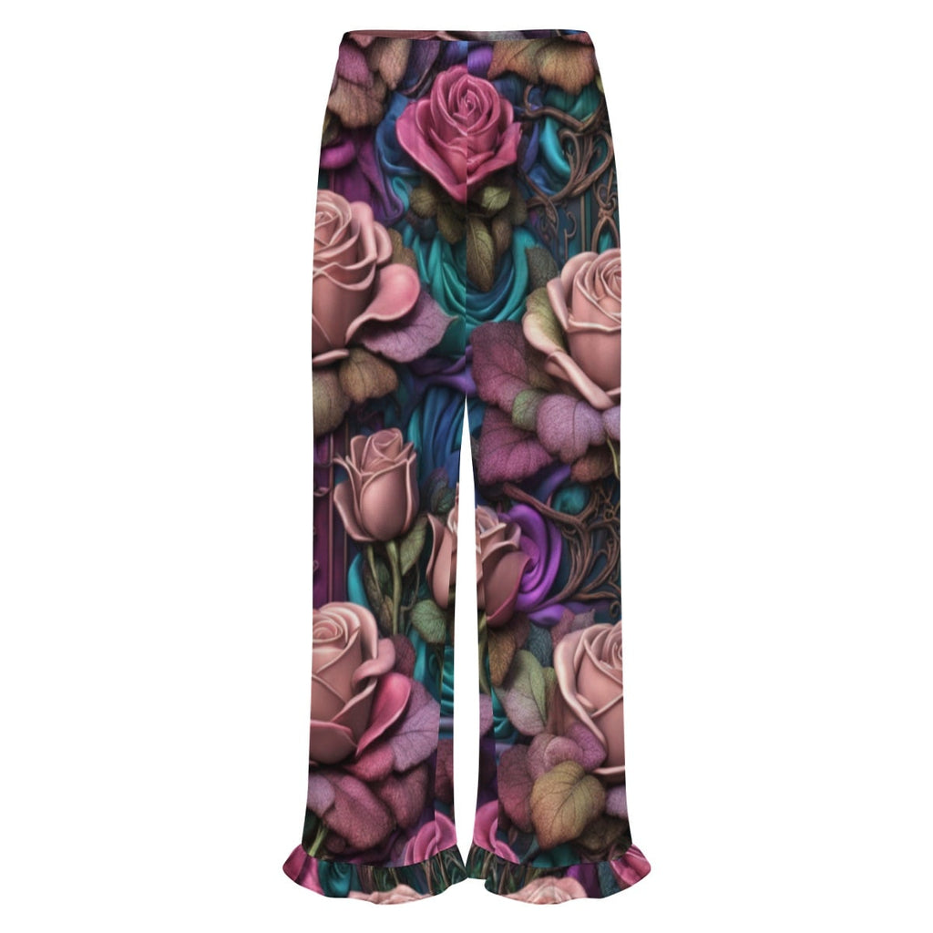 Women's Ruffled Pajama Pants - Large Gothic Rose Print