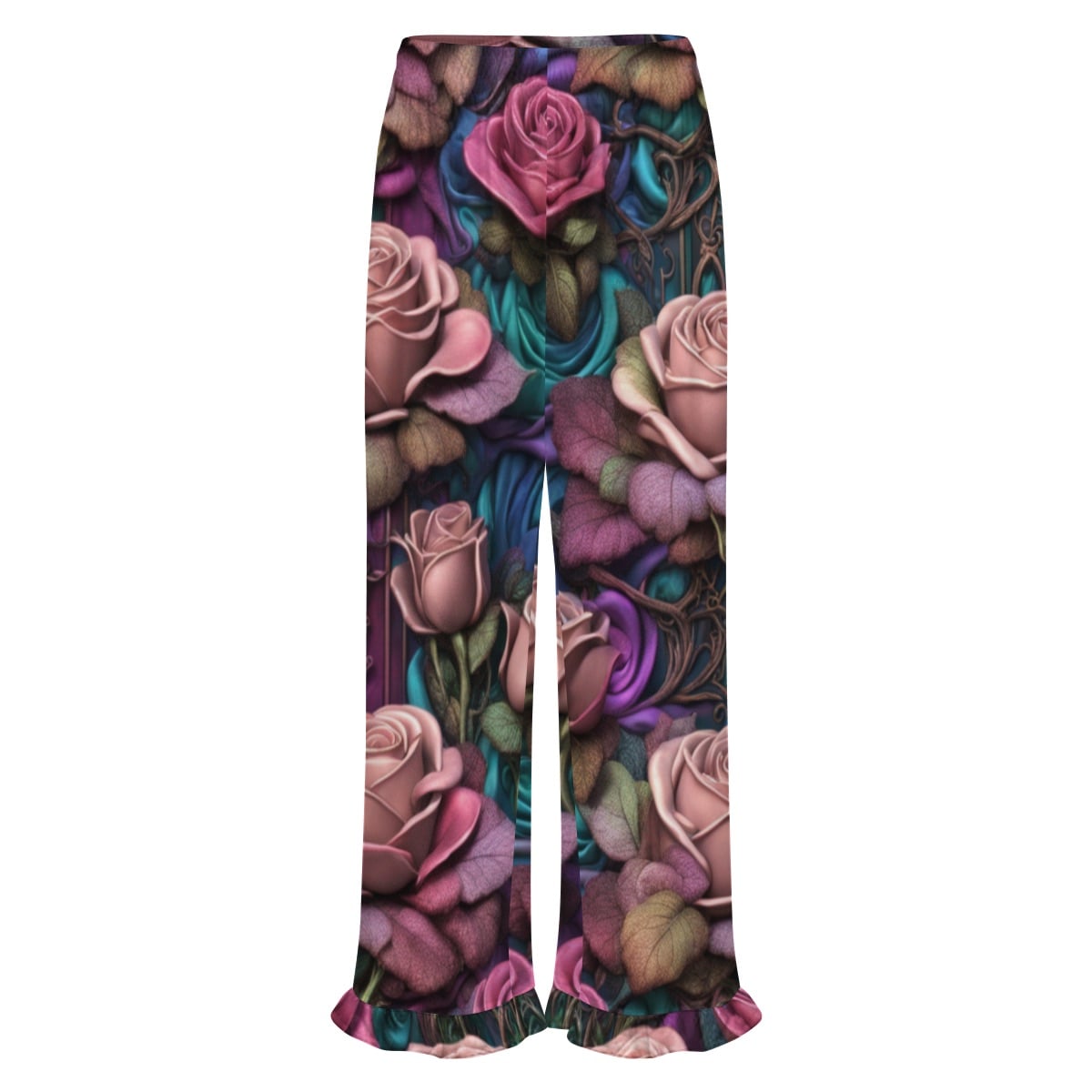 Women's Ruffled Pajama Pants - Large Gothic Rose Print