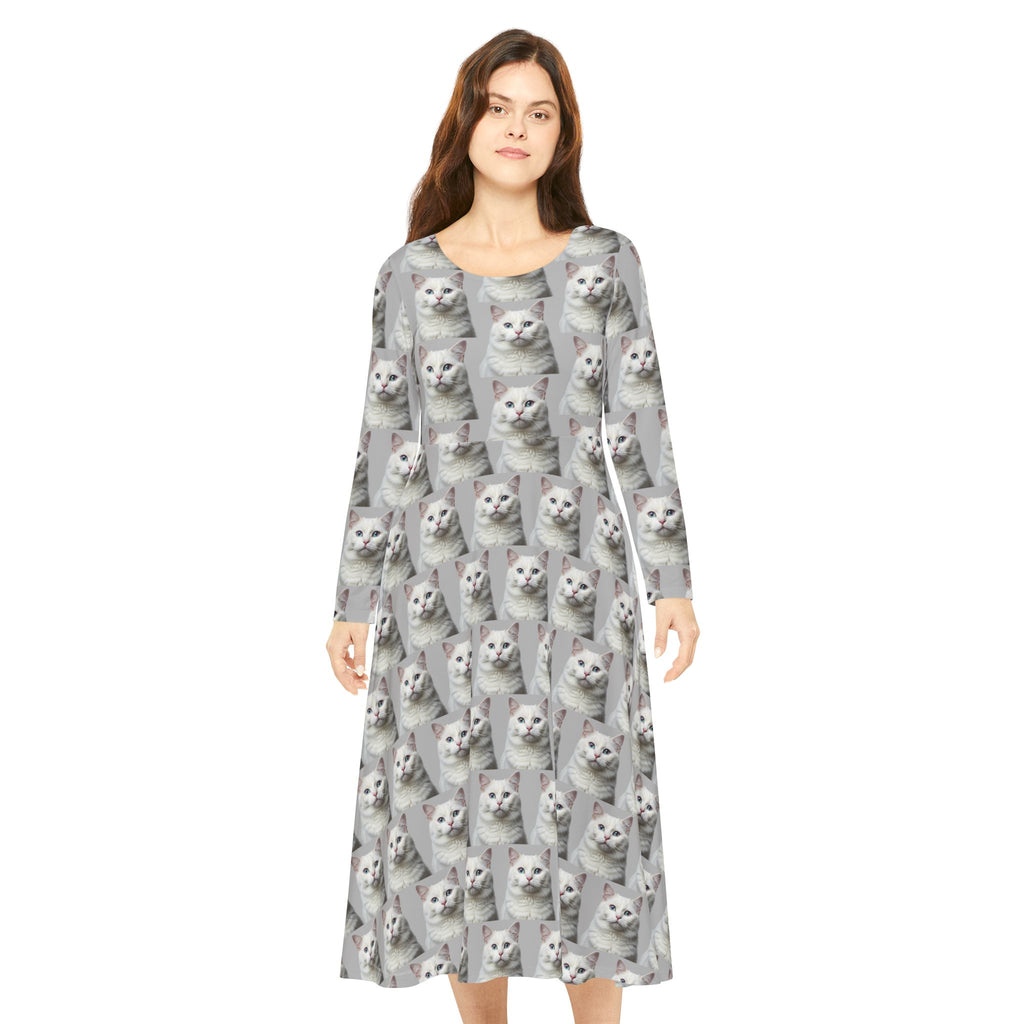 Grey and White Cat Kitty Meow Wallpaper Print Dress – Women's Long Sleeve AOP