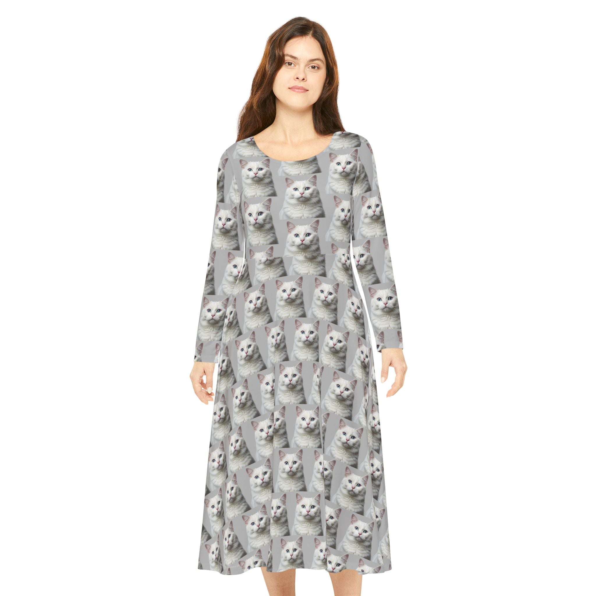 Grey and White Cat Kitty Meow Wallpaper Print Dress – Women's Long Sleeve AOP