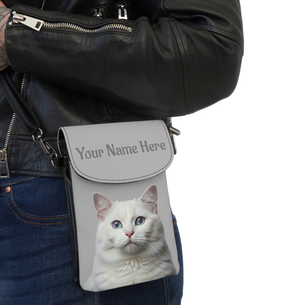 Personalized or Not - White Cat on Grey Phone Wallet Handbag