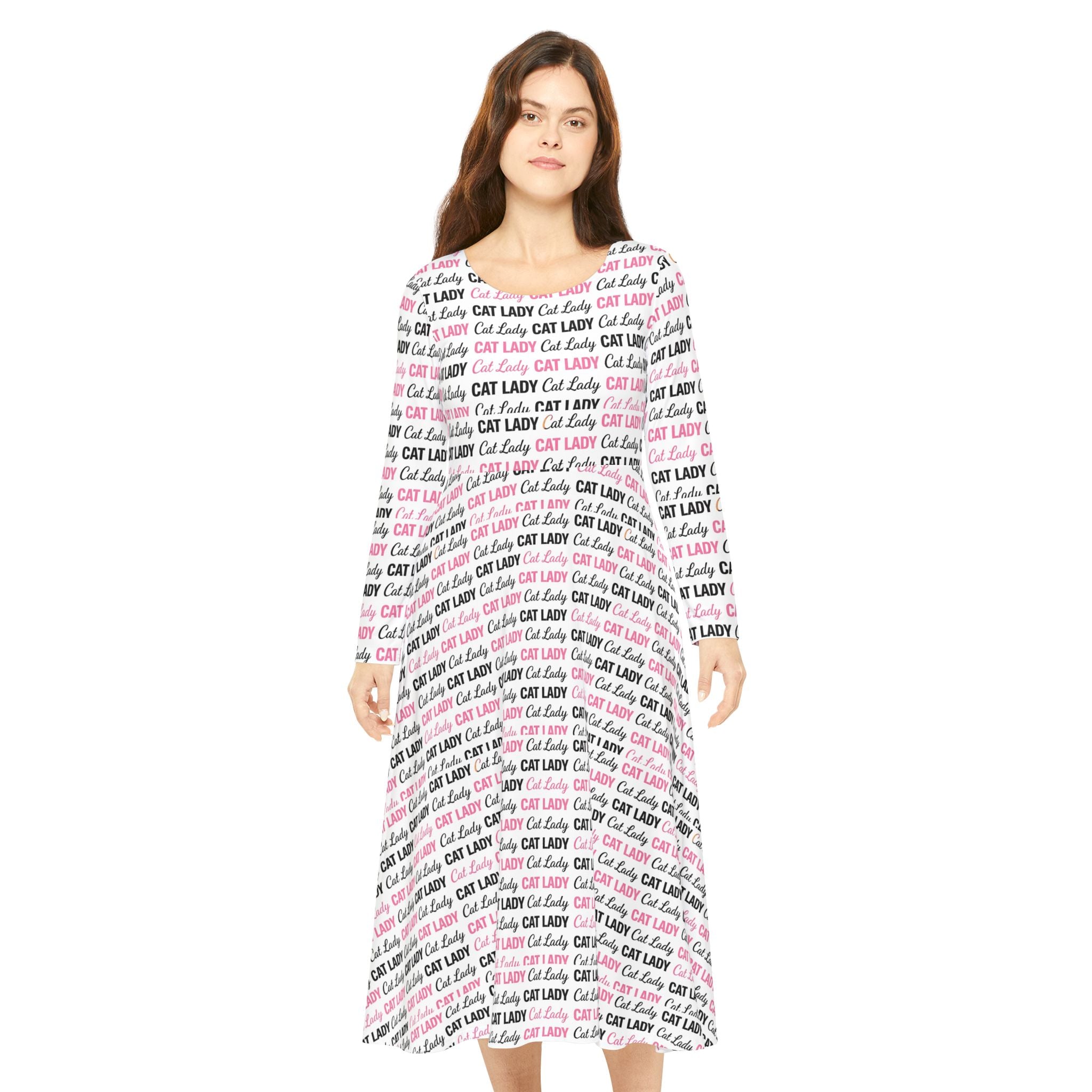 Cat Lady Wallpaper Print Dress – Women's Long Sleeve AOP