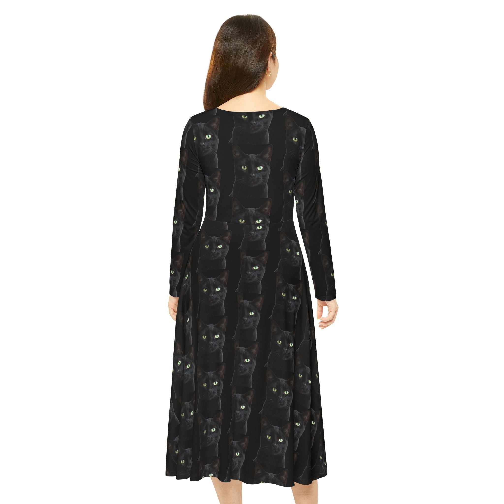 Black Cat Kitty Meow Wallpaper Print Dress – Women's Long Sleeve AOP