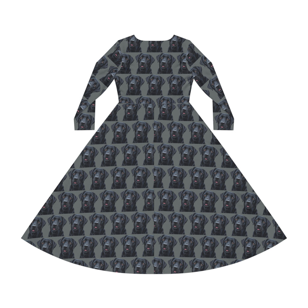 Black Labrador Retriever Lab Dog Wallpaper Print Dress – Women's Long Sleeve AOP