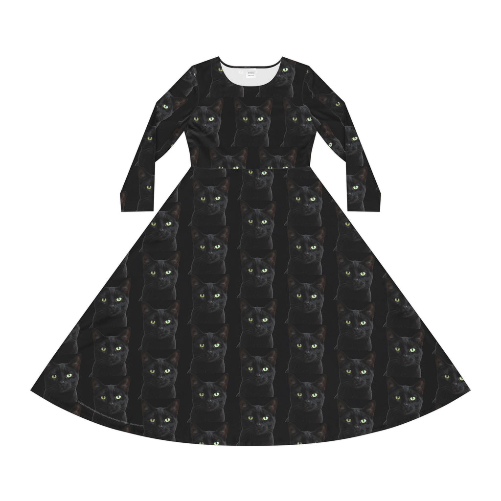 Black Cat Kitty Meow Wallpaper Print Dress – Women's Long Sleeve AOP