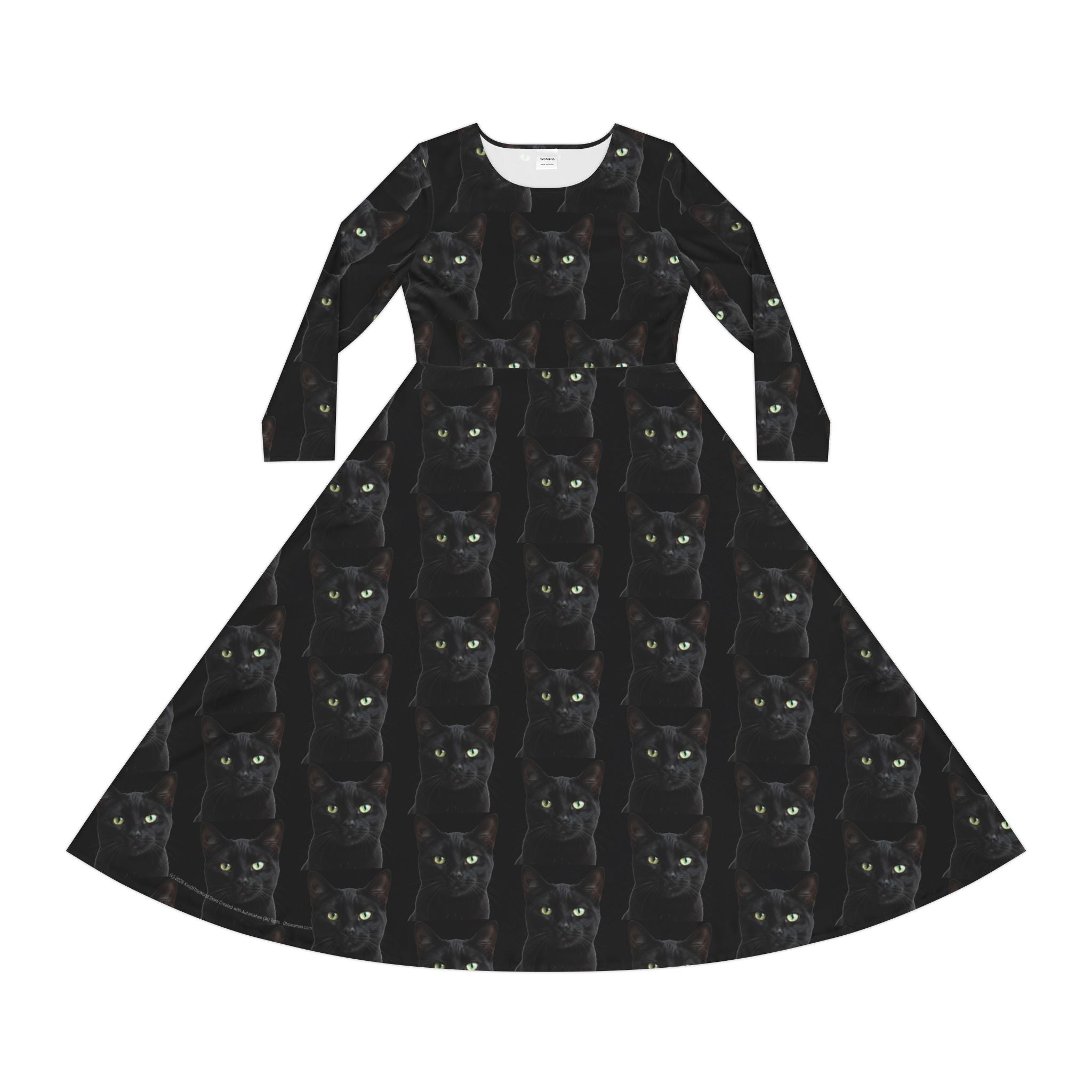 Black Cat Kitty Meow Wallpaper Print Dress – Women's Long Sleeve AOP