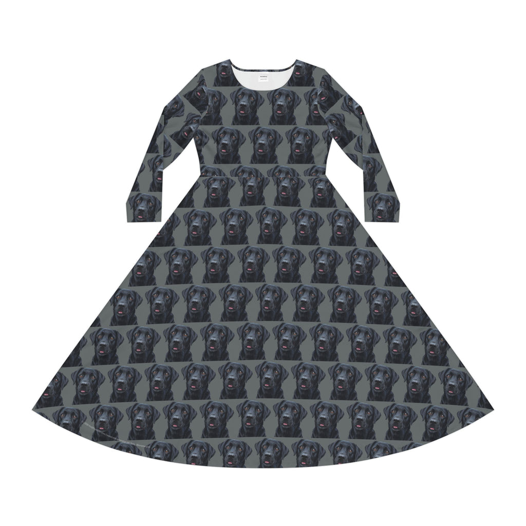 Black Labrador Retriever Lab Dog Wallpaper Print Dress – Women's Long Sleeve AOP