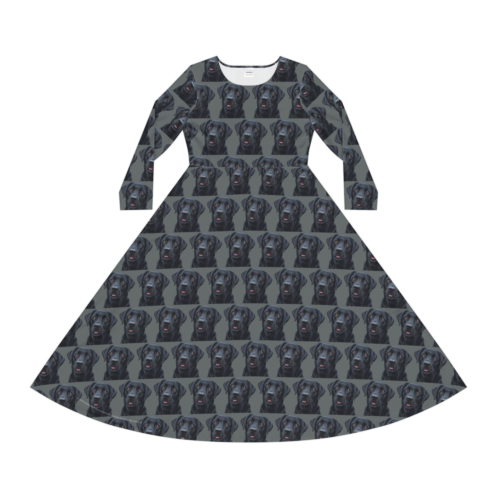Black Labrador Retriever Lab Dog Wallpaper Print Dress – Women's Long Sleeve AOP