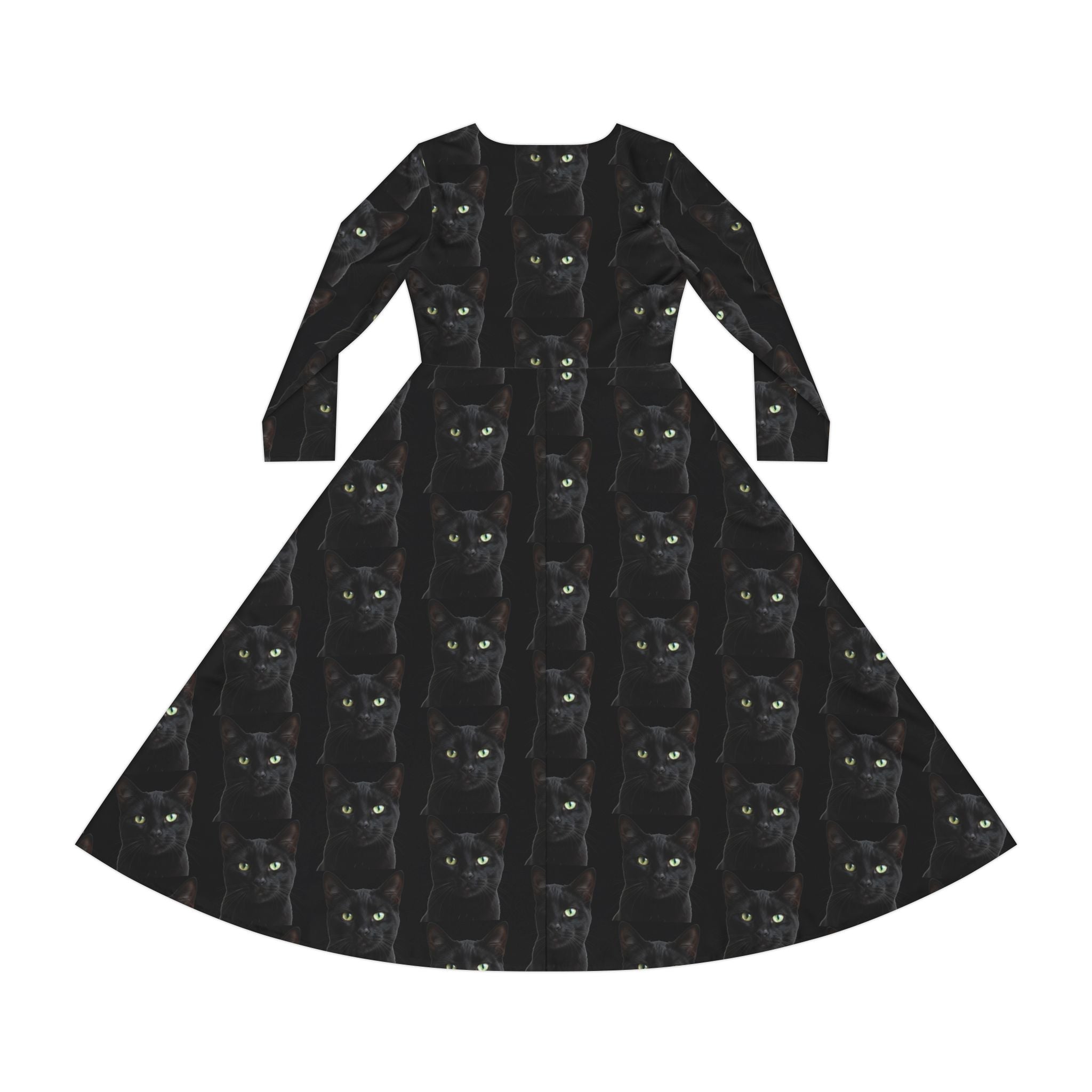 Black Cat Kitty Meow Wallpaper Print Dress – Women's Long Sleeve AOP