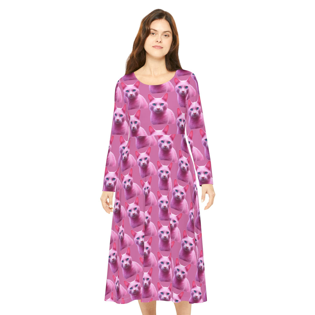 Pink Kitty Meow Wallpaper Print Dress – Women's Long Sleeve AOP
