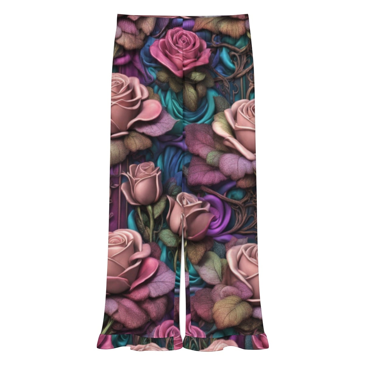 Women's Ruffled Pajama Pants - Large Gothic Rose Print