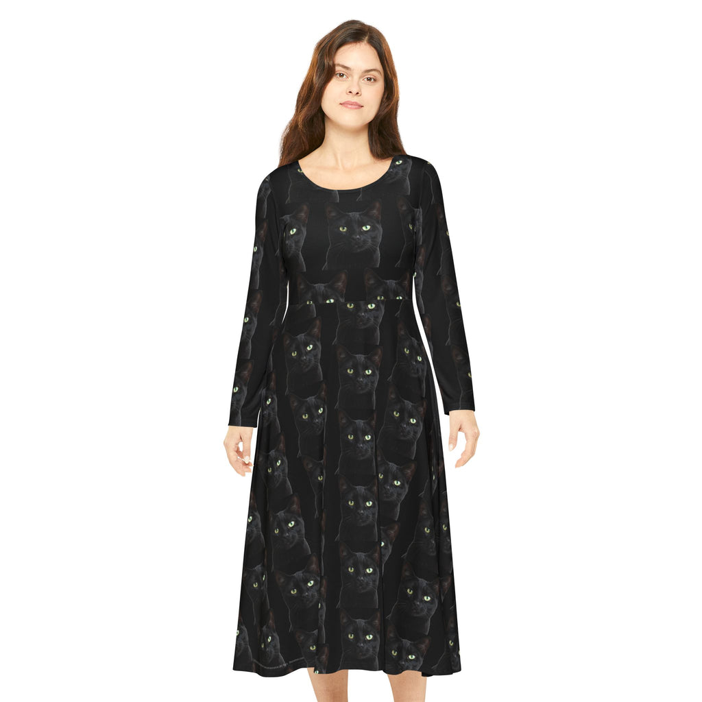 Black Cat Kitty Meow Wallpaper Print Dress – Women's Long Sleeve AOP