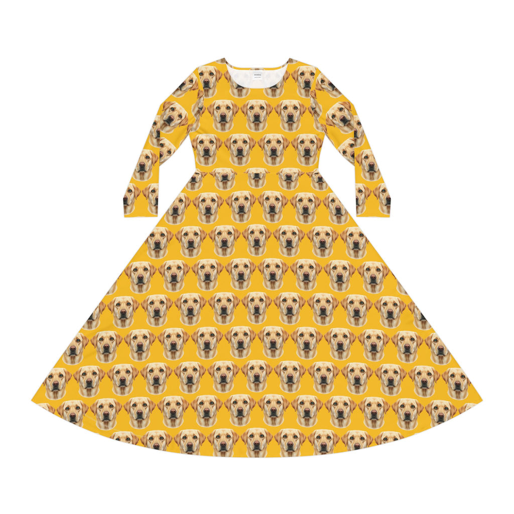 Yellow Labrador Wallpaper Print Dress – Women's Long Sleeve AOP