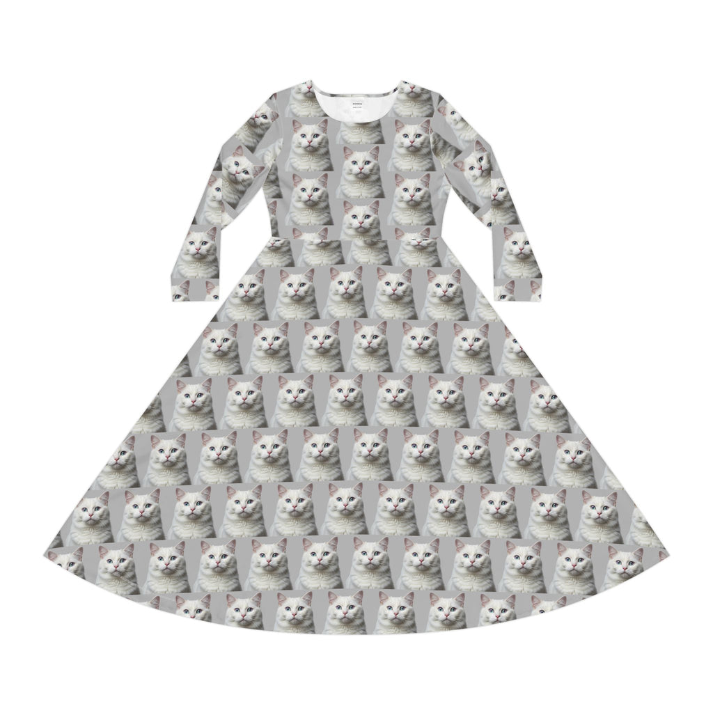 Grey and White Cat Kitty Meow Wallpaper Print Dress – Women's Long Sleeve AOP