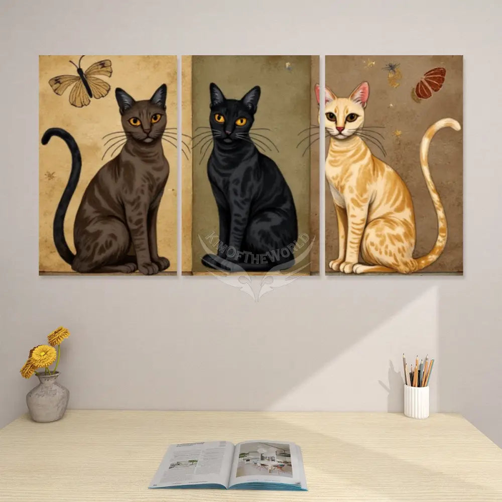 3 Cats Box Print Beige and Black - 3 Panels Canvas Prints Wall Art (Set F) 20’’x32’’x3pcs Wall Art