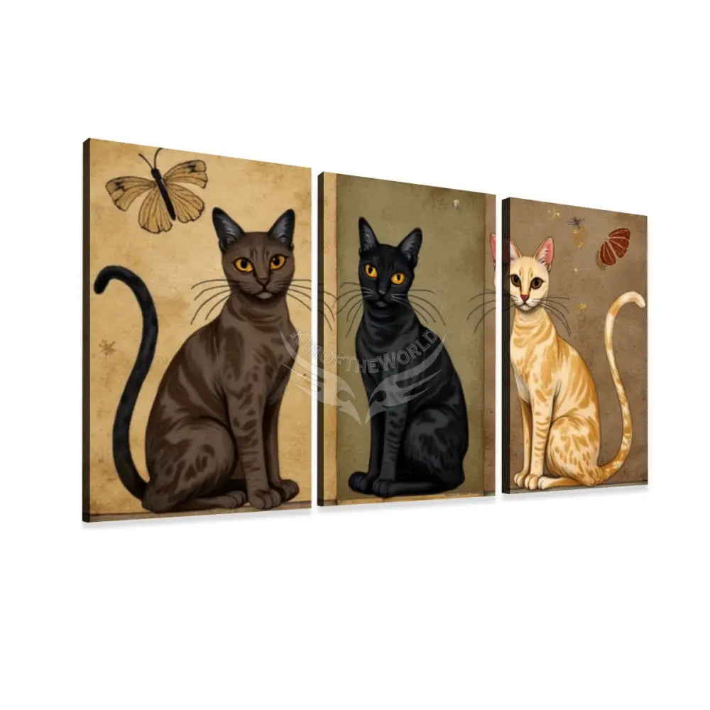 3 Cats Box Print Beige and Black - 3 Panels Canvas Prints Wall Art (Set F) 20’’x32’’x3pcs Wall Art