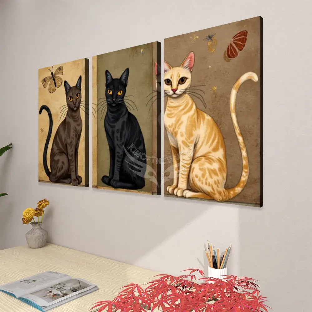 3 Cats Box Print Beige and Black - 3 Panels Canvas Prints Wall Art (Set F) 20’’x32’’x3pcs Wall Art