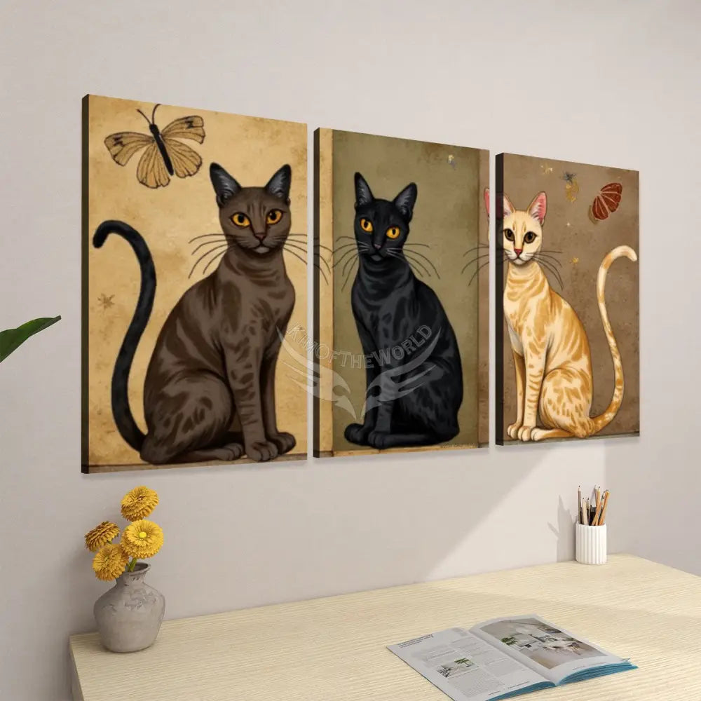 3 Cats Box Print Beige and Black - 3 Panels Canvas Prints Wall Art (Set F) 20’’x32’’x3pcs Wall Art