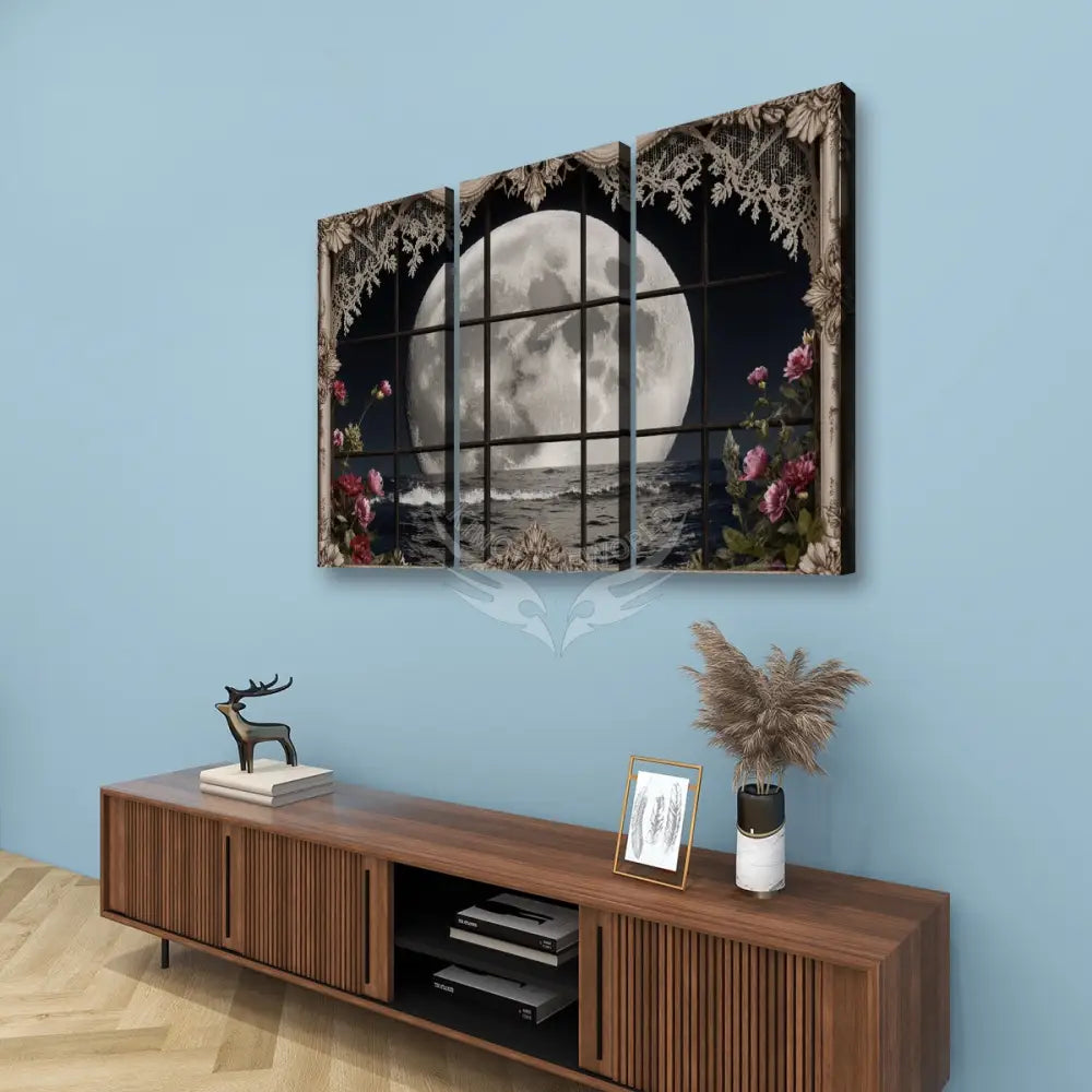 3 Panels Floral Moon Window - Canvas Prints Wall Art (Set B) 16’’x32’’ Wall Art
