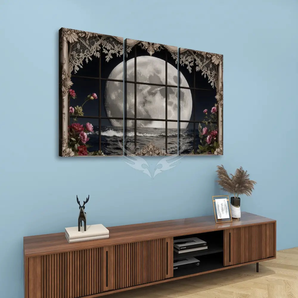 3 Panels Floral Moon Window - Canvas Prints Wall Art (Set B) 16’’x32’’ Wall Art