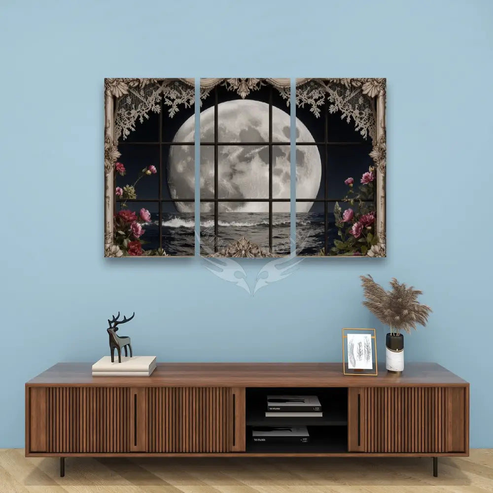 3 Panels Floral Moon Window - Canvas Prints Wall Art (Set B) 16’’x32’’ Wall Art