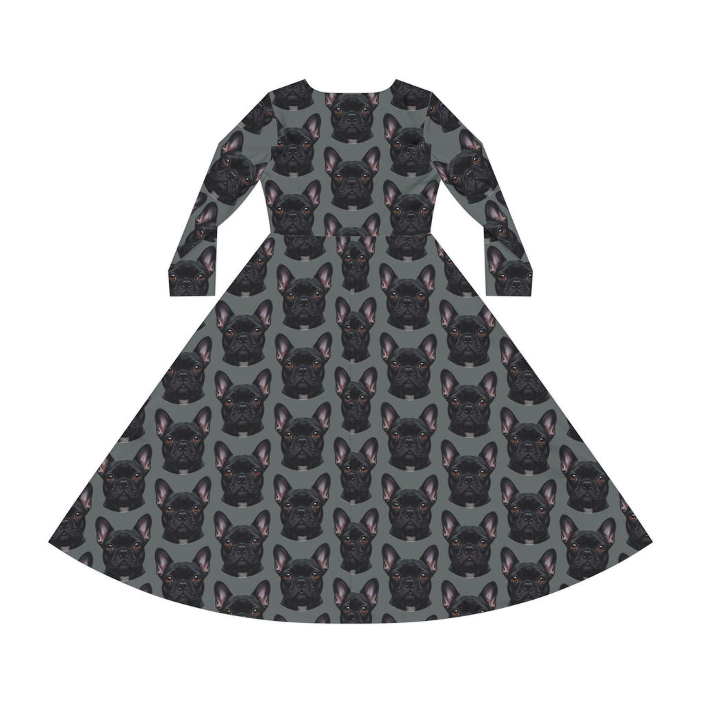 Black Frenchie French Bulldog Grey Wallpaper Print Dress – Women's Long Sleeve AOP