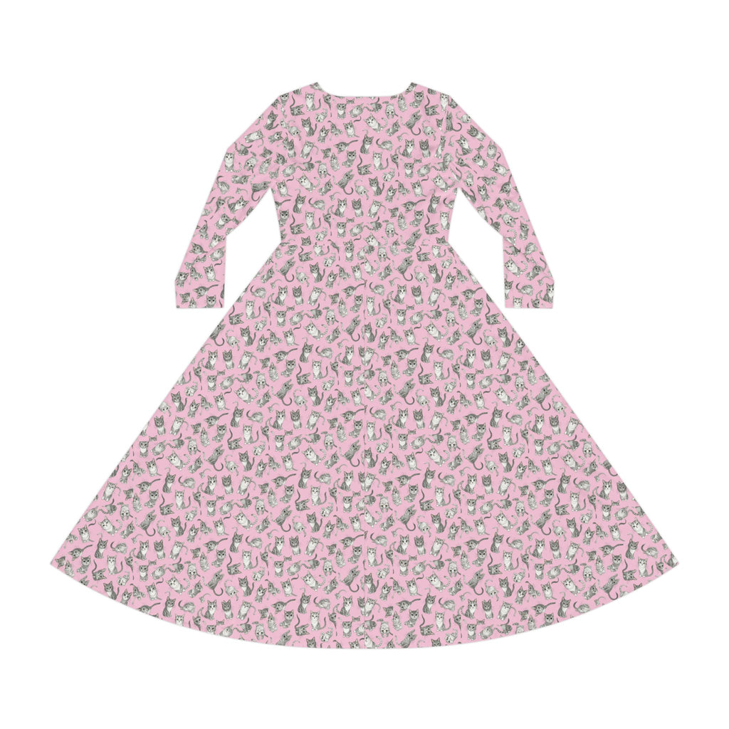 Pink Kitty Cat Tile  Wallpaper Print Dress – Women's Long Sleeve AOP