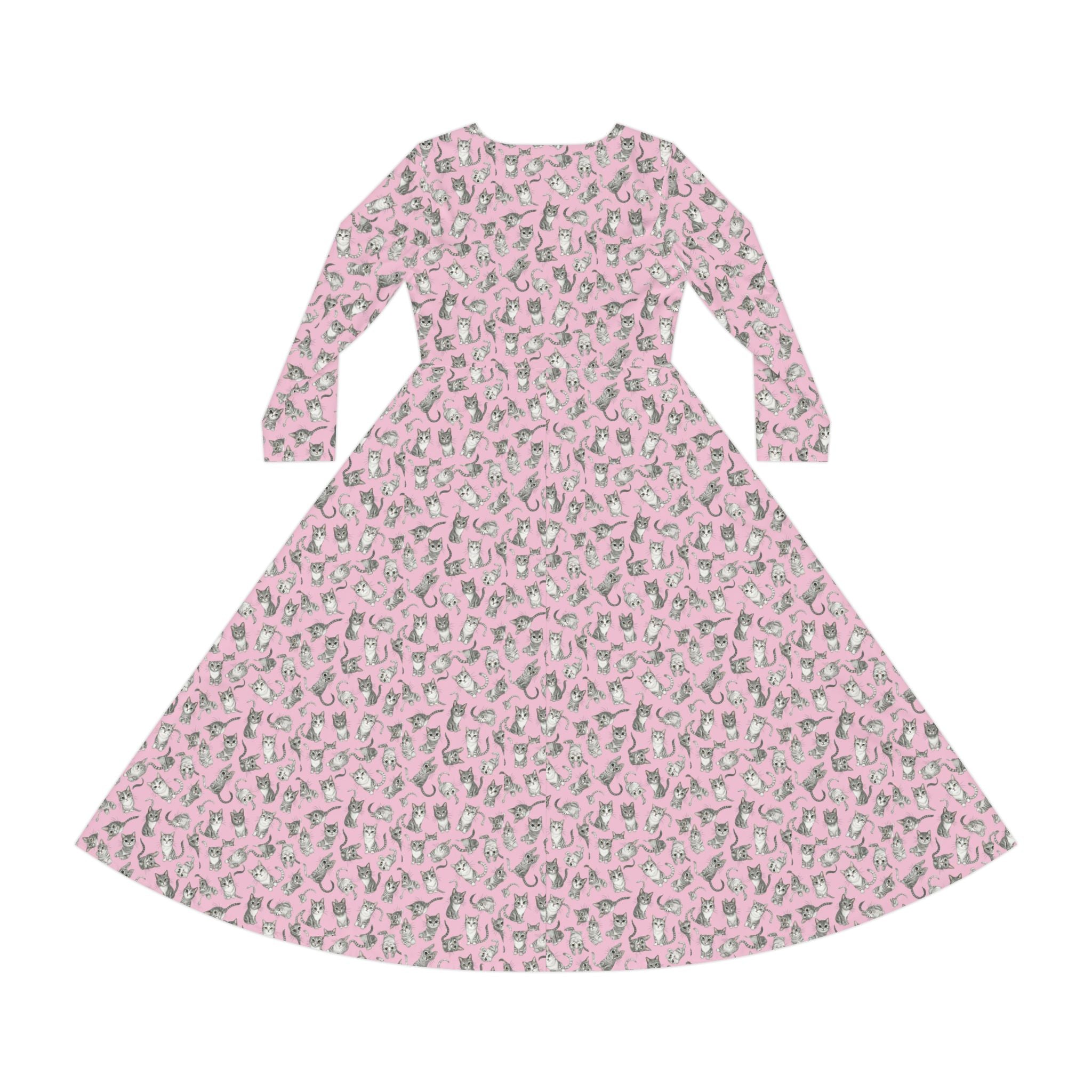 Pink Kitty Cat Tile  Wallpaper Print Dress – Women's Long Sleeve AOP