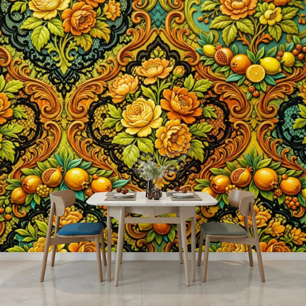 3D All Fruit and Floral Orange Blend Unpasted Mural Wallpaper 144’’x100’’ 144’’x100’’ Wall Coverings