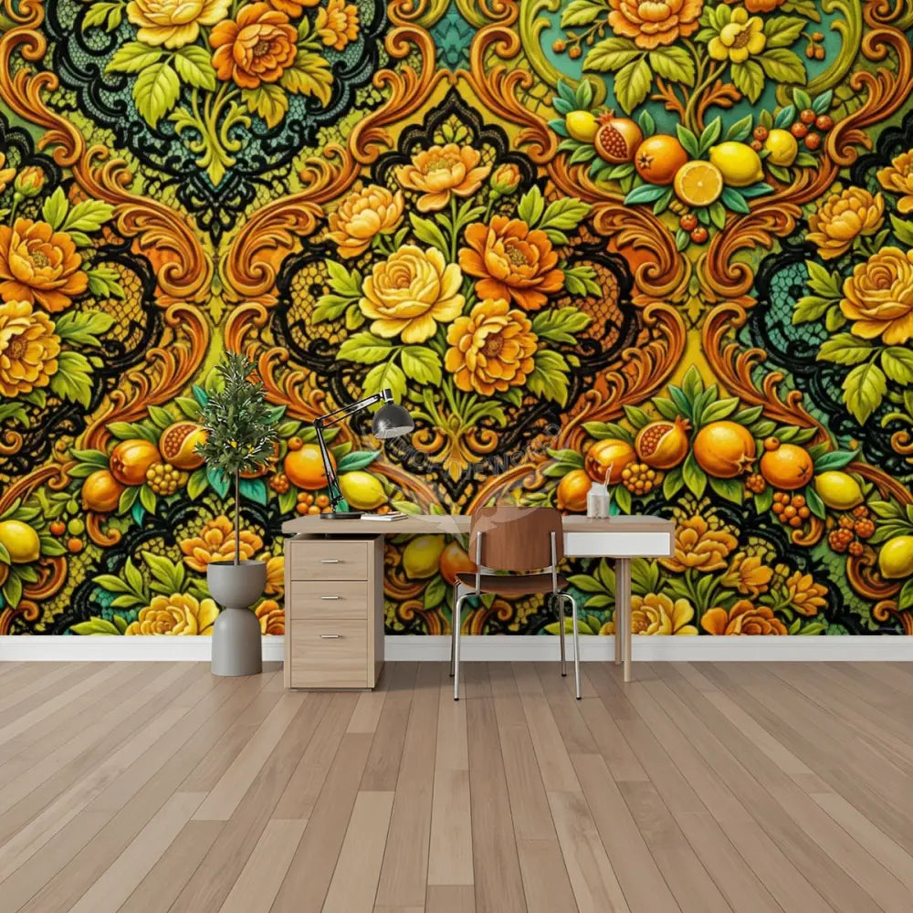 3D All Fruit and Floral Orange Blend Unpasted Mural Wallpaper 144’’x100’’ 144’’x100’’ Wall Coverings