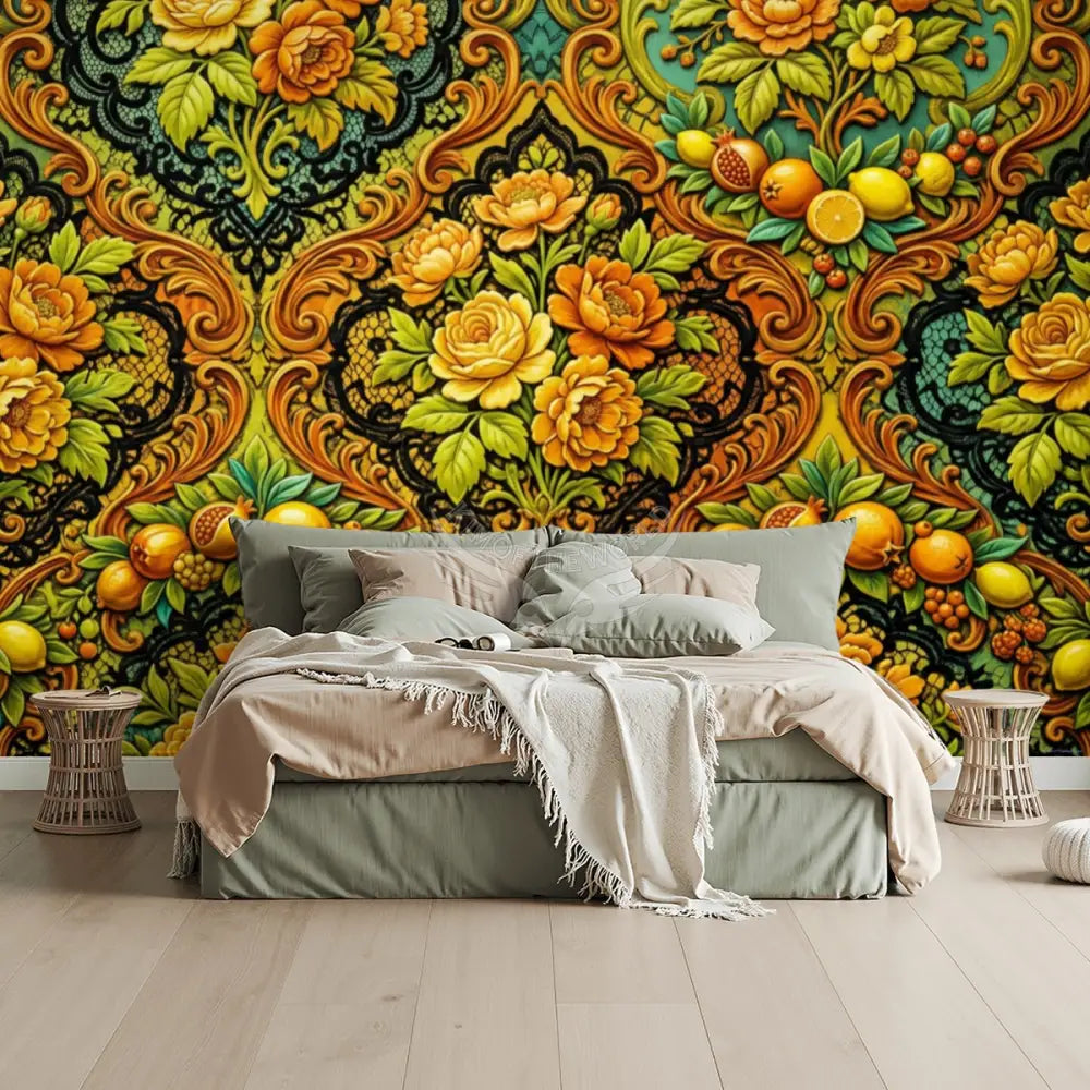 3D All Fruit and Floral Orange Blend Unpasted Mural Wallpaper 144’’x100’’ 144’’x100’’ Wall Coverings