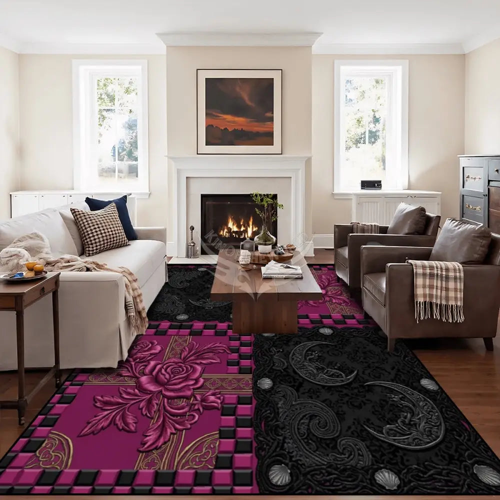 3D Black and Fuchsia Large Area Rug Floor Carpet 120’’x96’’ Rugs & Mats