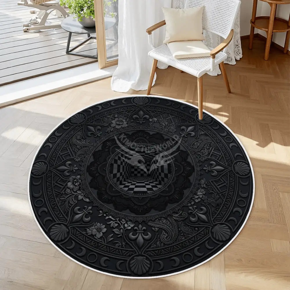 3D Black Checkerboard Portal Soft Round Area Rug with White Border 39.4’’x39.4’’ Rugs & Mats
