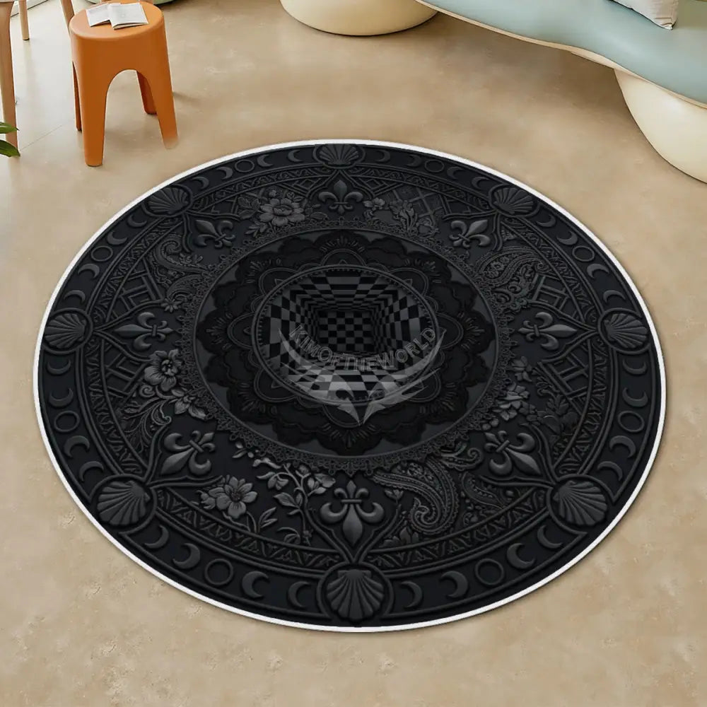 3D Black Checkerboard Portal Soft Round Area Rug with White Border Rugs & Mats