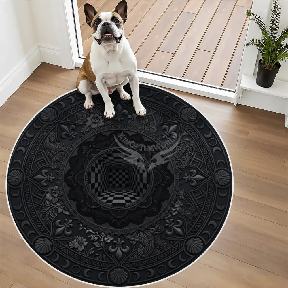 3D Black Checkerboard Portal Soft Round Area Rug with White Border Rugs & Mats