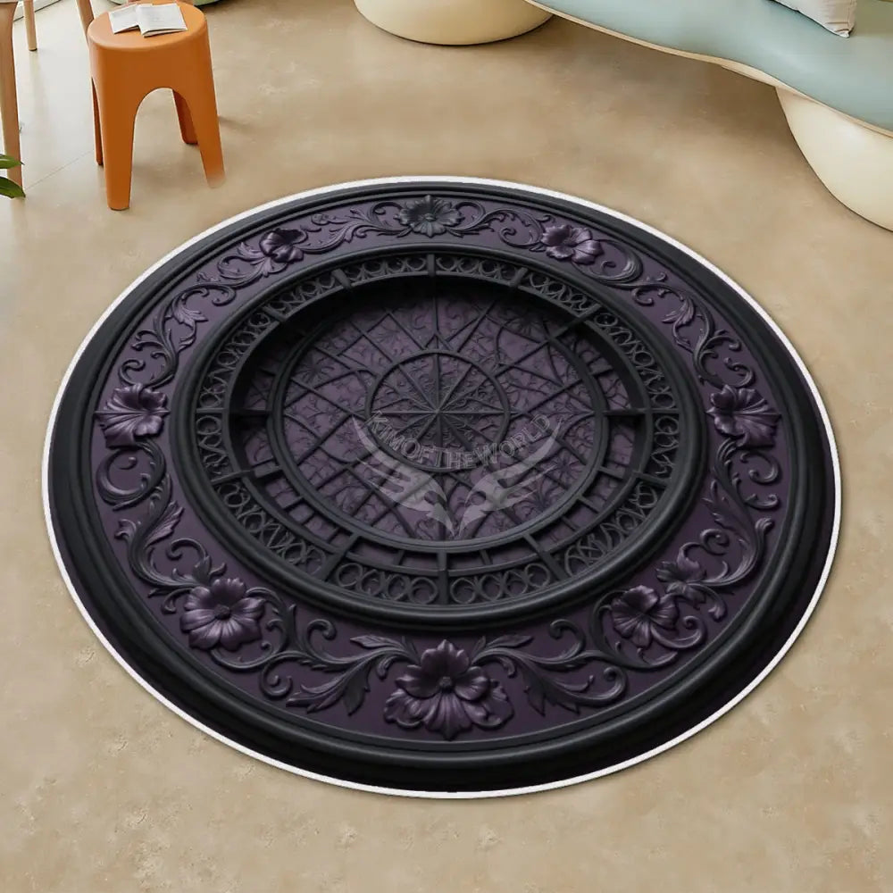 3D Black & Dark Purple Steampunk Soft Round Area Rug with White Border Rugs & Mats