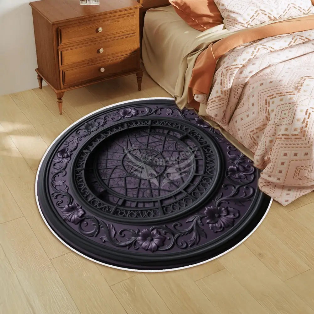 3D Black & Dark Purple Steampunk Soft Round Area Rug with White Border Rugs & Mats