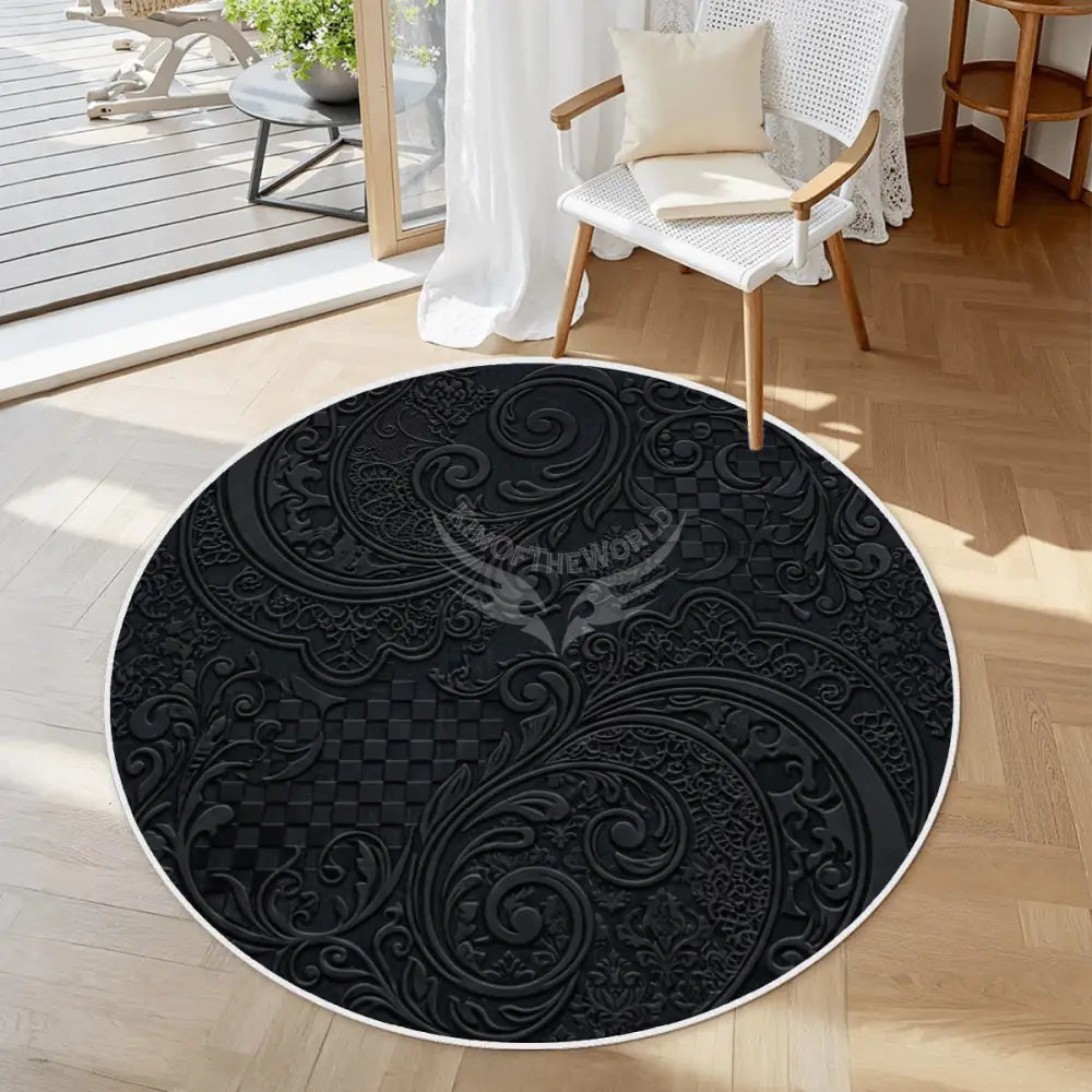 3D Black Floral Print Gothic Soft Round Area Rug with White Border 39.4’’x39.4’’ Rugs & Mats