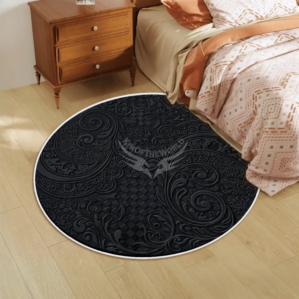 3D Black Floral Print Gothic Soft Round Area Rug with White Border Rugs & Mats