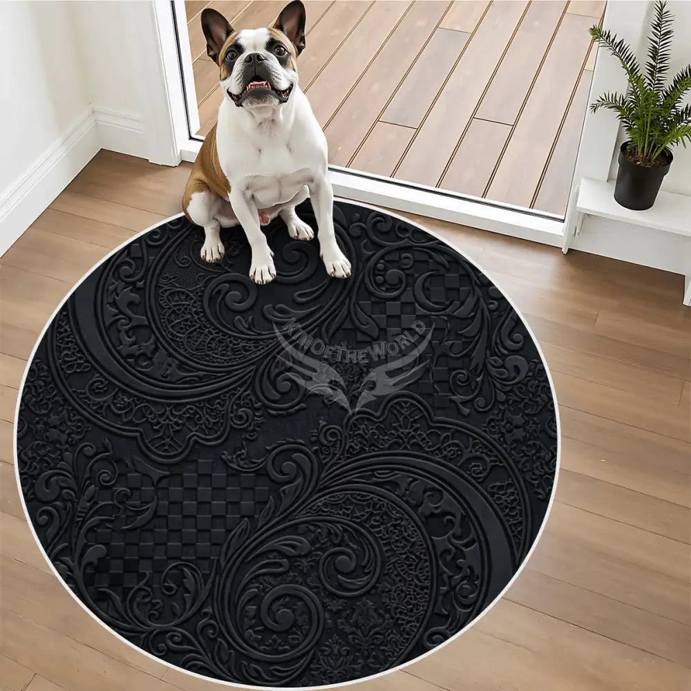 3D Black Floral Print Gothic Soft Round Area Rug with White Border Rugs & Mats