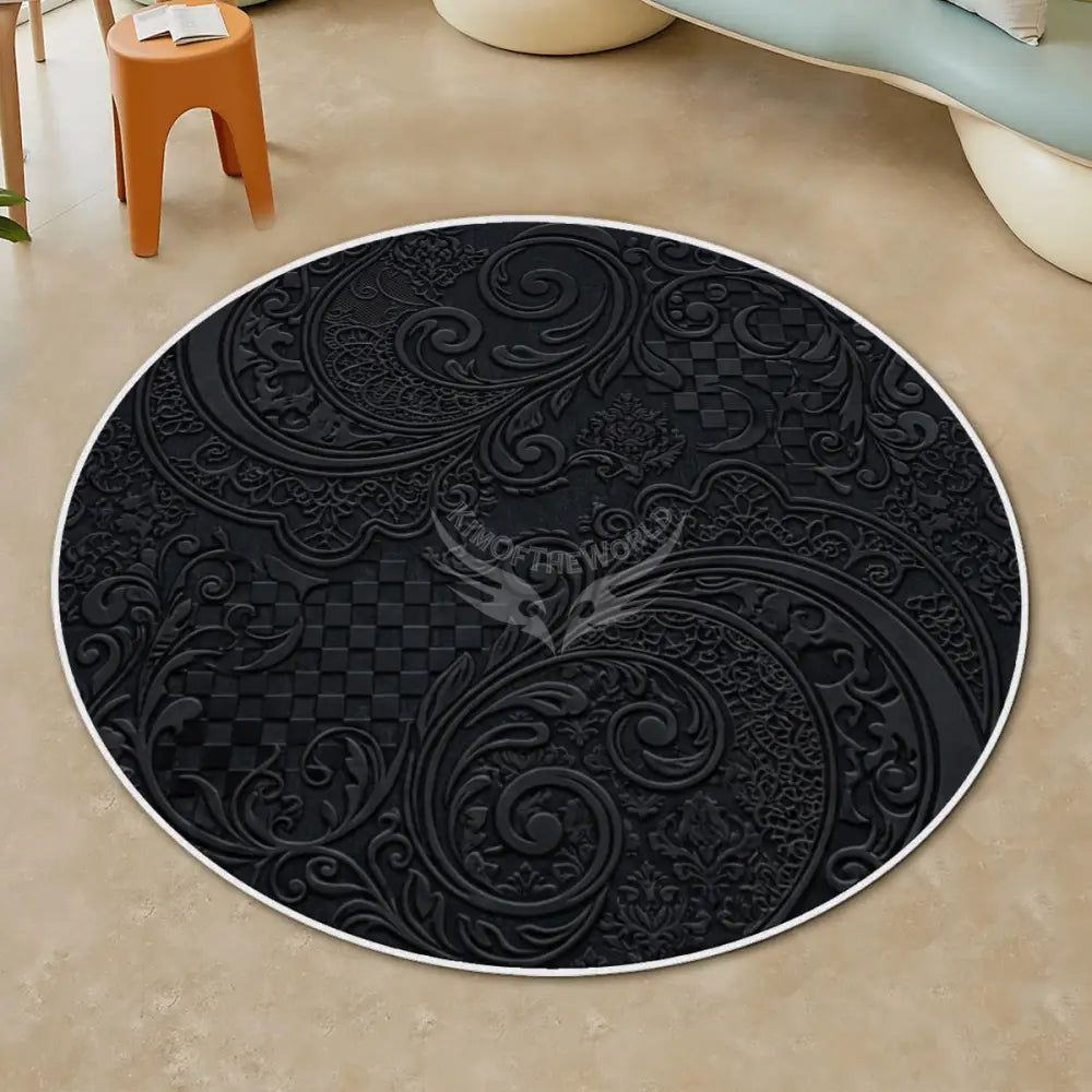 3D Black Floral Print Gothic Soft Round Area Rug with White Border Rugs & Mats