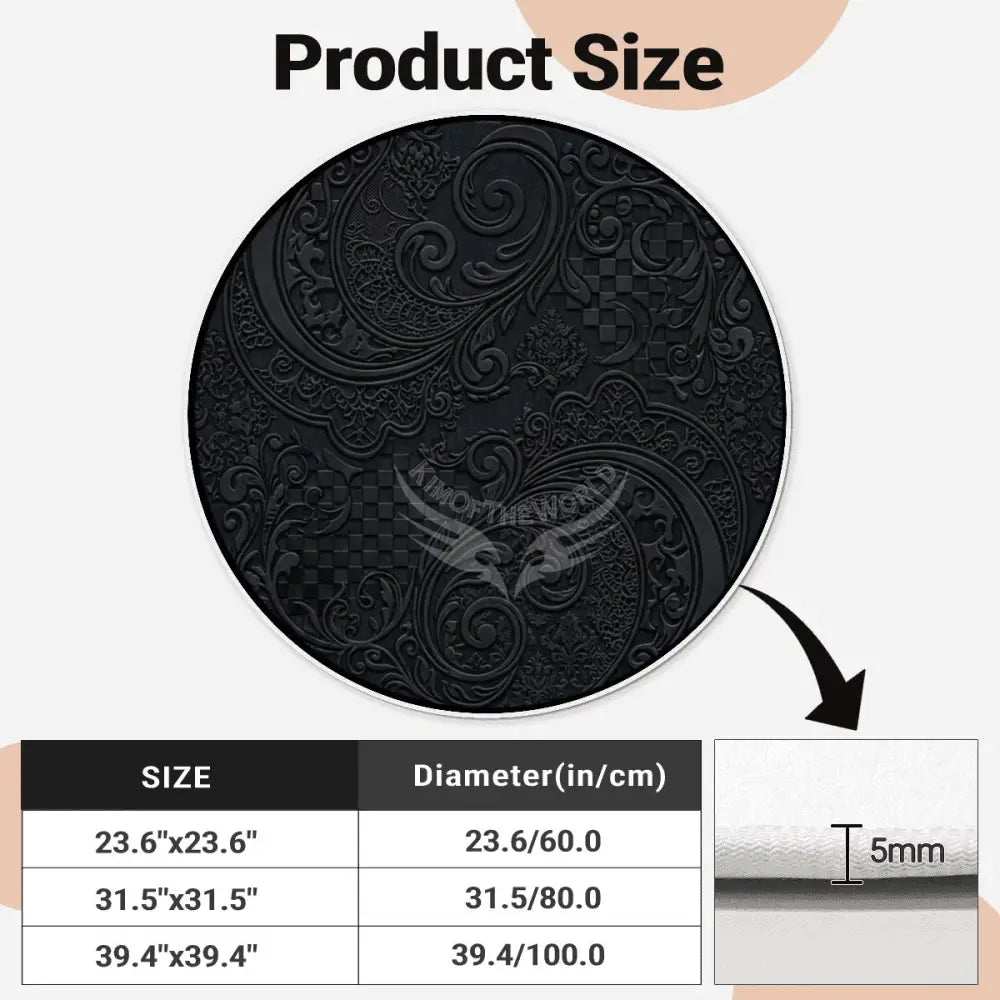 3D Black Floral Print Gothic Soft Round Area Rug with White Border Rugs & Mats