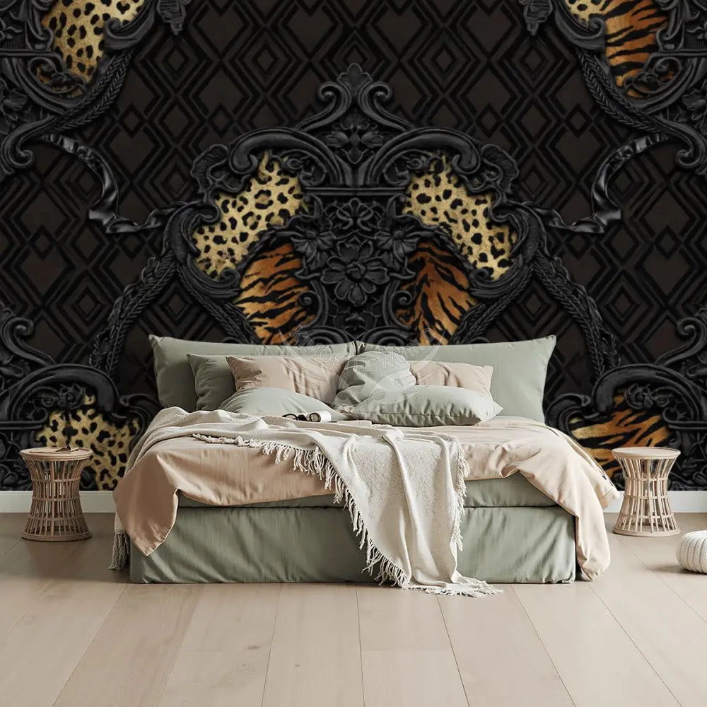 3D Black Steampunk Gothic Tiger Print Unpasted Mural Wallpaper 144’’x100’’ 144’’x100’’ Wall Coverings