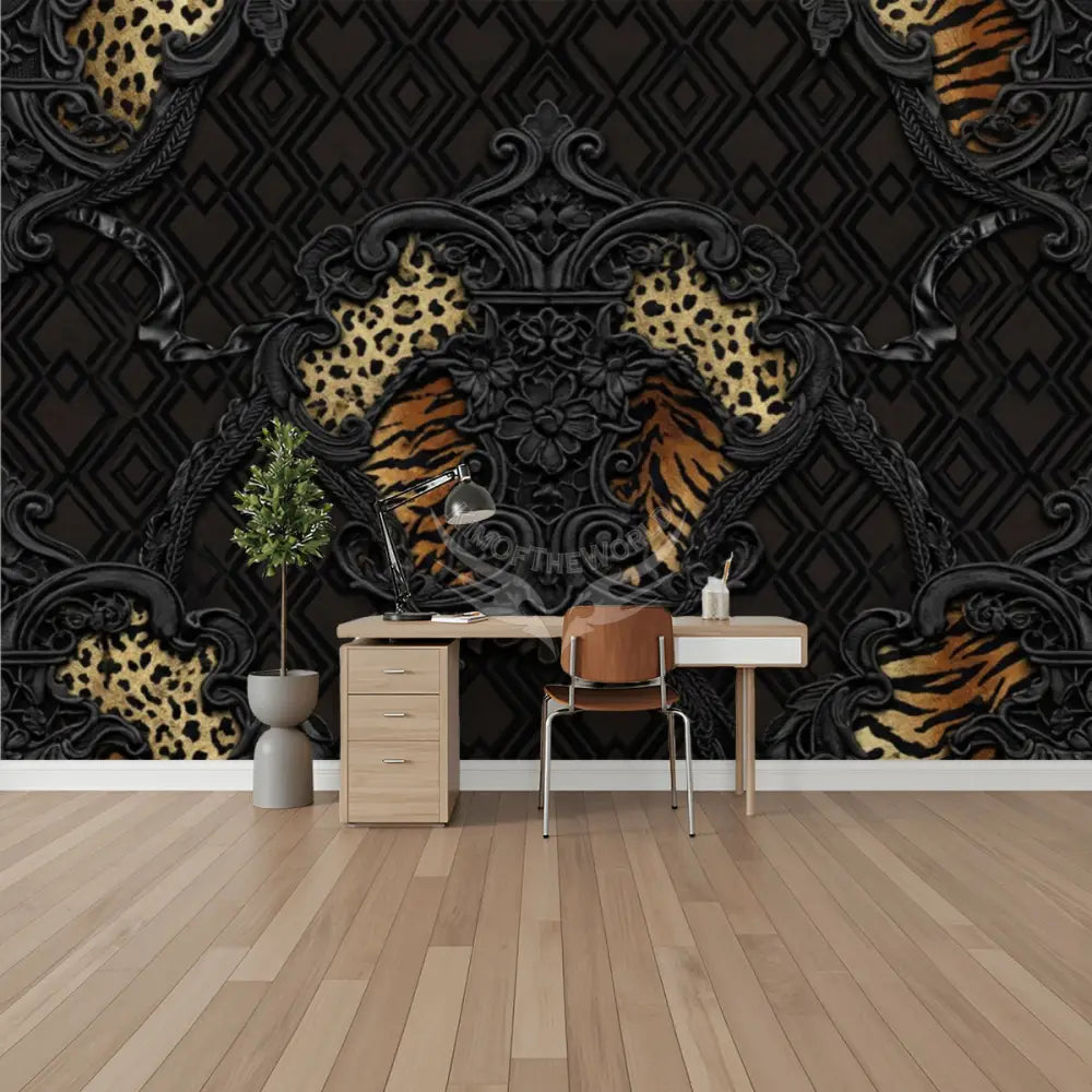 3D Black Steampunk Gothic Tiger Print Unpasted Mural Wallpaper 144’’x100’’ 144’’x100’’ Wall Coverings