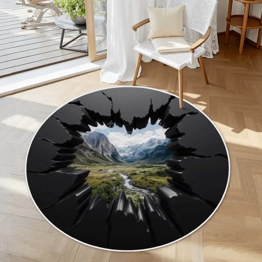 3D Black Wall Break Out Mountain View Soft Round Area Rug with White Border 39.4’’x39.4’’ Rugs & Mats