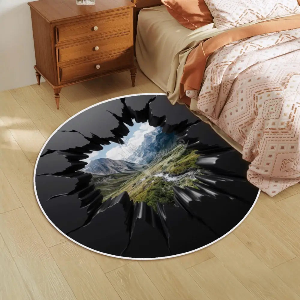 3D Black Wall Break Out Mountain View Soft Round Area Rug with White Border Rugs & Mats