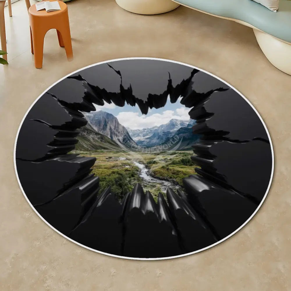 3D Black Wall Break Out Mountain View Soft Round Area Rug with White Border Rugs & Mats