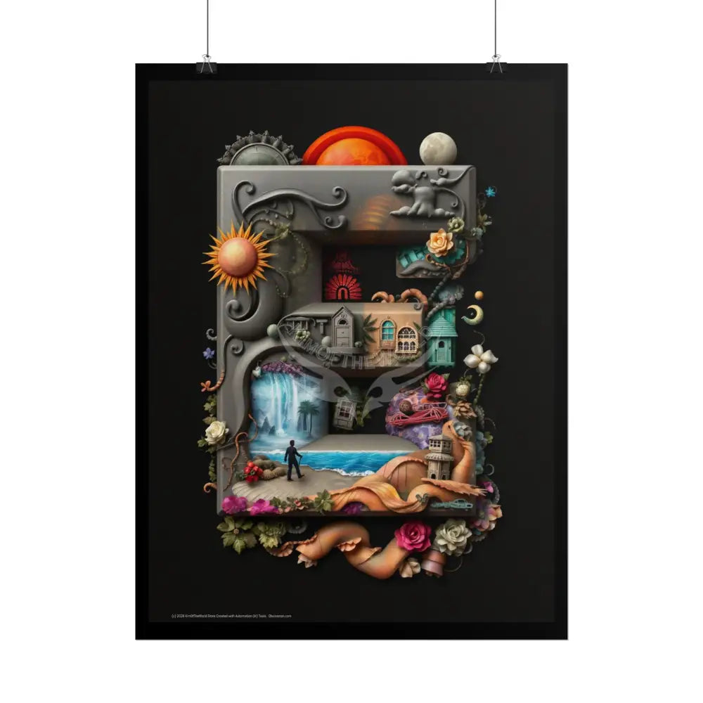 3D Block ’E’ Letter Initial Poster — Personalized Rolled Poster for Kids’ Rooms Classrooms & Homeschool Poster