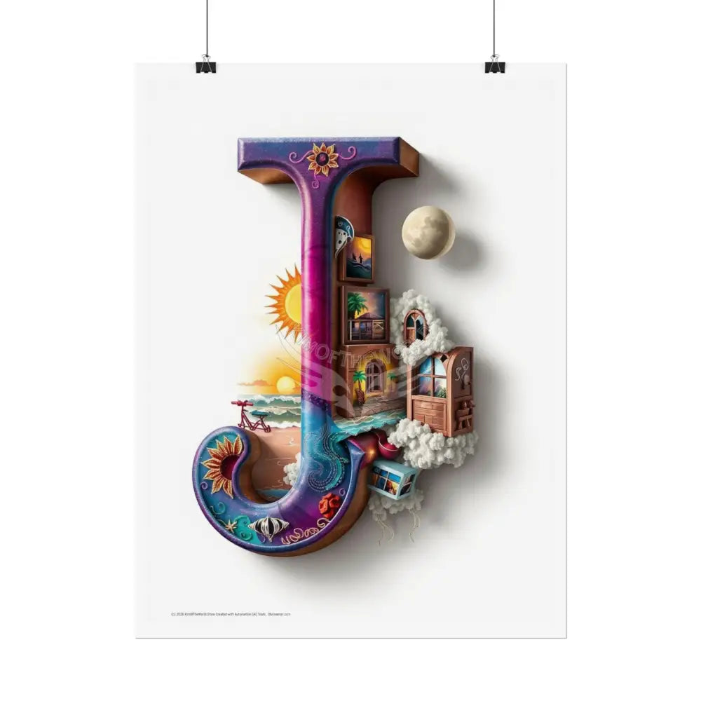 3D Block ’J’ Letter Initial Poster — Personalized Rolled Poster for Kids’ Rooms Classrooms & Homeschool Poster