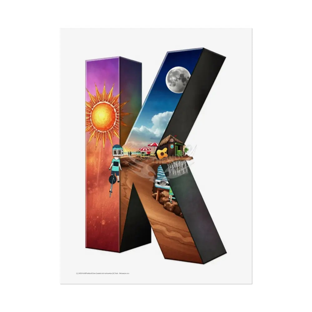 3D Block ’K’ Letter Initial Poster — Personalized Rolled Poster for Kids’ Rooms Classrooms & Homeschool 18″ x 24″